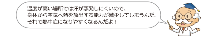 湿度が高い場所では汗が蒸発しにくいので、身体から空気へ放出する能力が減少してしまうんだ。