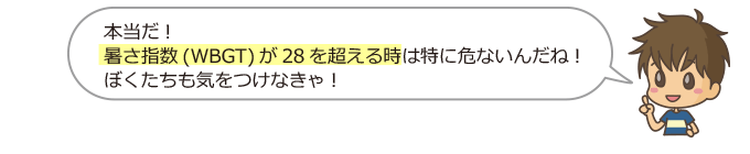 本当だ、暑さ指数が28度を超えるときは特に危ないんだね。ぼくたちも気をつけなきゃ。