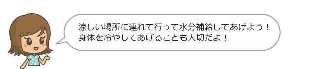 涼しい場所に連れて行って水分補給しよう、身体を冷やしてあげることも大切だよ。