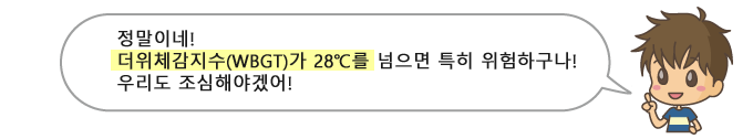 정말이네! 더위체감지수(WBGT)가 28℃를 넘으면 특히 위험하구나! 우리도 조심해야겠어!