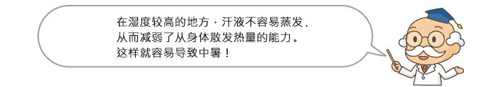 在湿度较高的地方，汗液不容易蒸发，从而减弱了从身体散发热量的能力。