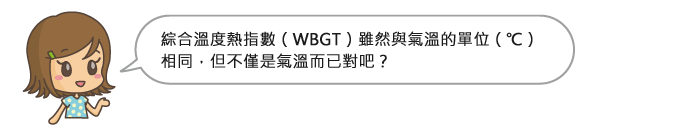 綜合溫度熱指數（WBGT）雖然與氣溫的單位（°C）相同，但不僅是氣溫而已對吧？