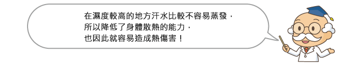 在濕度較高的地方汗水比較不容易蒸發,所以降低了身體散熱的能力,