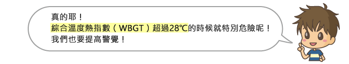 真的耶! 綜合溫度熱指數(WBGT)超過28 °C 的時候就特別危險呢!我們也要提高警覺!